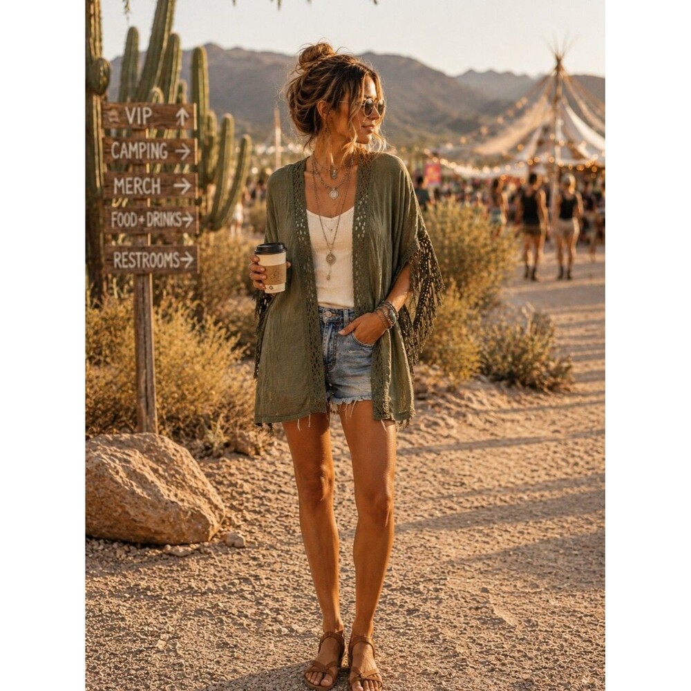 Everleigh Olive Green Crochet Fringe Kimono Shawl Wrap 2X 3X Boho Festival Cotta